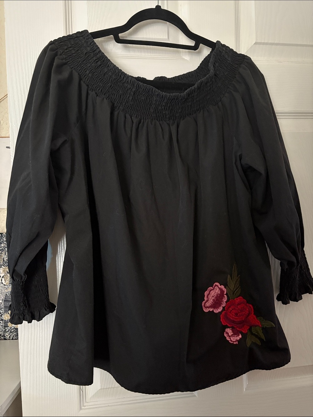 Miss Lili Black Off-Shoulder Tunic with Rose Embroidery